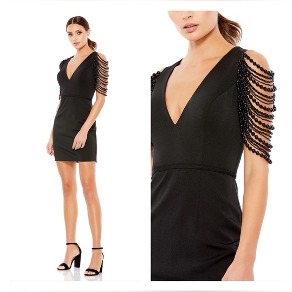Mac Duggal 26526 Draped Beaded Sleeve V-Neck Cocktail Dress - Picture 1 of 8
